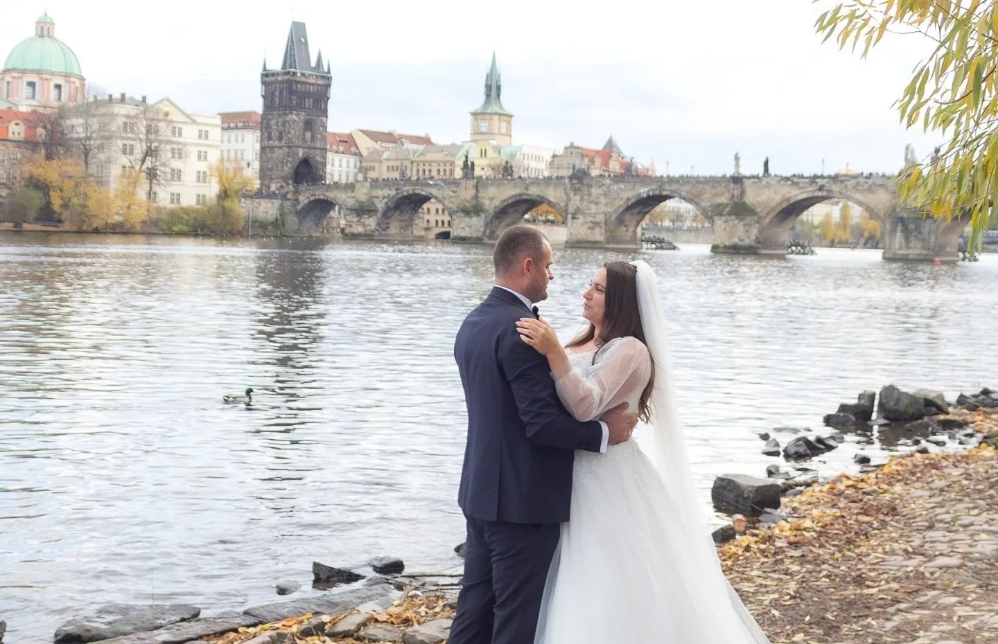 Wedding couple near Charles Bridge in Prague